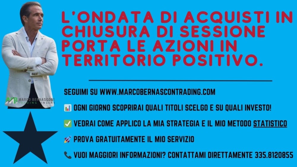 L'ondata di acquisti in chiusura di sessione porta le azioni in territorio positivo.