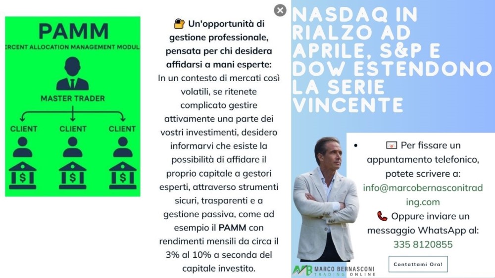 NASDAQ in rialzo ad aprile, S&P e Dow estendono la serie vincente