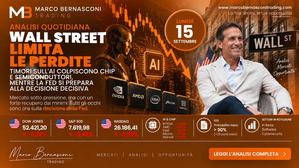 Wall Street limita le perdite: timori sull’AI colpiscono chip e semiconduttori, mentre la Fed si prepara alla decisione decisiva