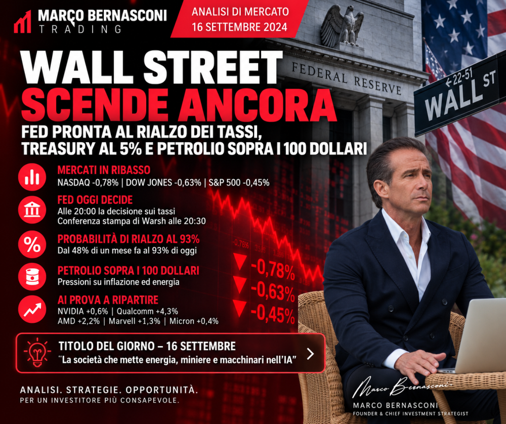 Wall Street scende ancora: Fed pronta al rialzo dei tassi, Treasury al 5% e petrolio sopra i 100 dollari